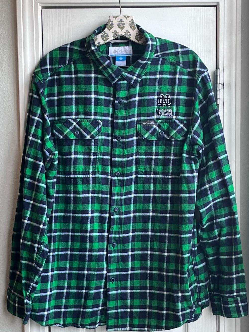 COLUMBIA Notre Dame Fighting Irish Plaid Flannel Shirt Green Navy Men’s Size L